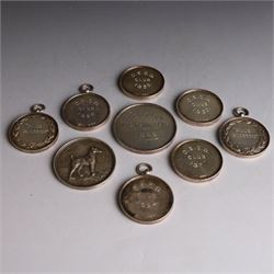 Seven 1920s Old English Sheepdog silver medals, all hallmarked, together with two further silver plated dog related medals