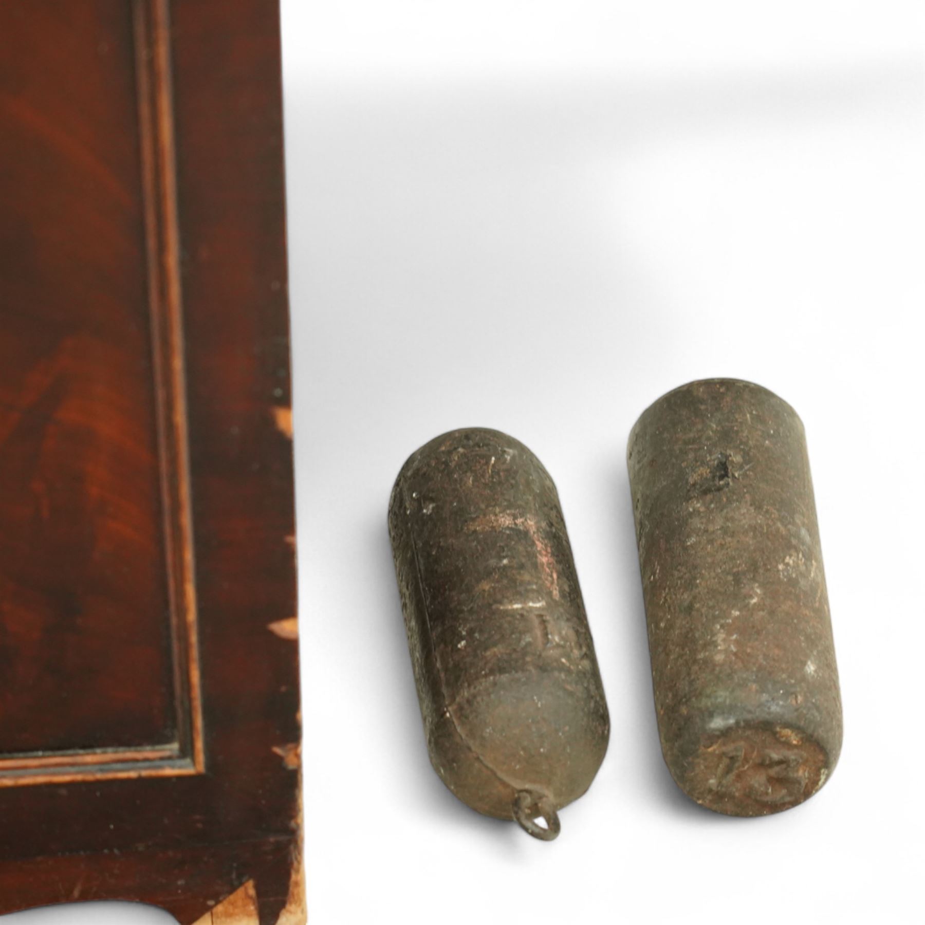 Robert Miller of Perth-Mid 19th century 8-day Scottish mahogany longcase clock c1850 with a swan necked pediment and break-arch hood door beneath, flanked by ring turned pilasters with brass capitals, trunk with full-length recessed barley twist columns, moulded panels and a shaped door with a recessed panel, on a conforming plinth with a decorative base, fully painted dial with depictions of fruit to the spandrels and an image of a gardener to the arch, with Roman numerals, subsidiary seconds and date dials, makers name and original stamped brass hands, dial pinned to a two train weight driven movement with rack striking and a recoil anchor escapement, striking the hours on a bell. With pendulum and weights.   The pendulum bob is fully painted with a depiction of a country cottage, this is an interesting feature only found on Scottish longcase clocks from the 19th century. 
Robert Miller is recorded as working from New Row, Perth in 1841.