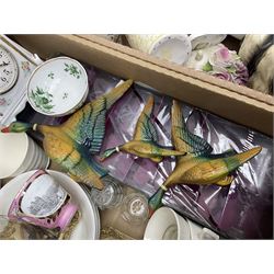 Four piece Sadler tea service, three graduating duck wall plaques, Hornsea vase and a collection of other ceramics and glassware etc, in five boxes 
