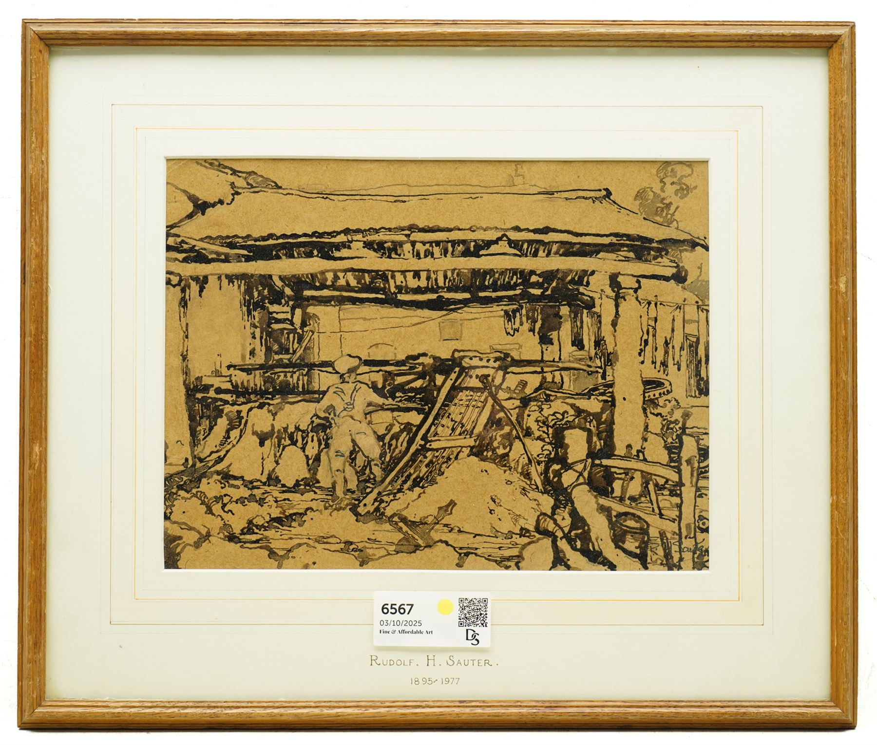 Rudolf Helmut Sauter (German 1895-1977): Barn Interior, ink on brown paper signed 22cm x 29cm