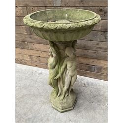 Cast stone bird bath, pedestal in the form of 'The Three Graces'