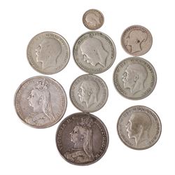 Two Queen Victoria 1889 silver one crown coins, Queen Victoria 1872 one shilling coin, fou...