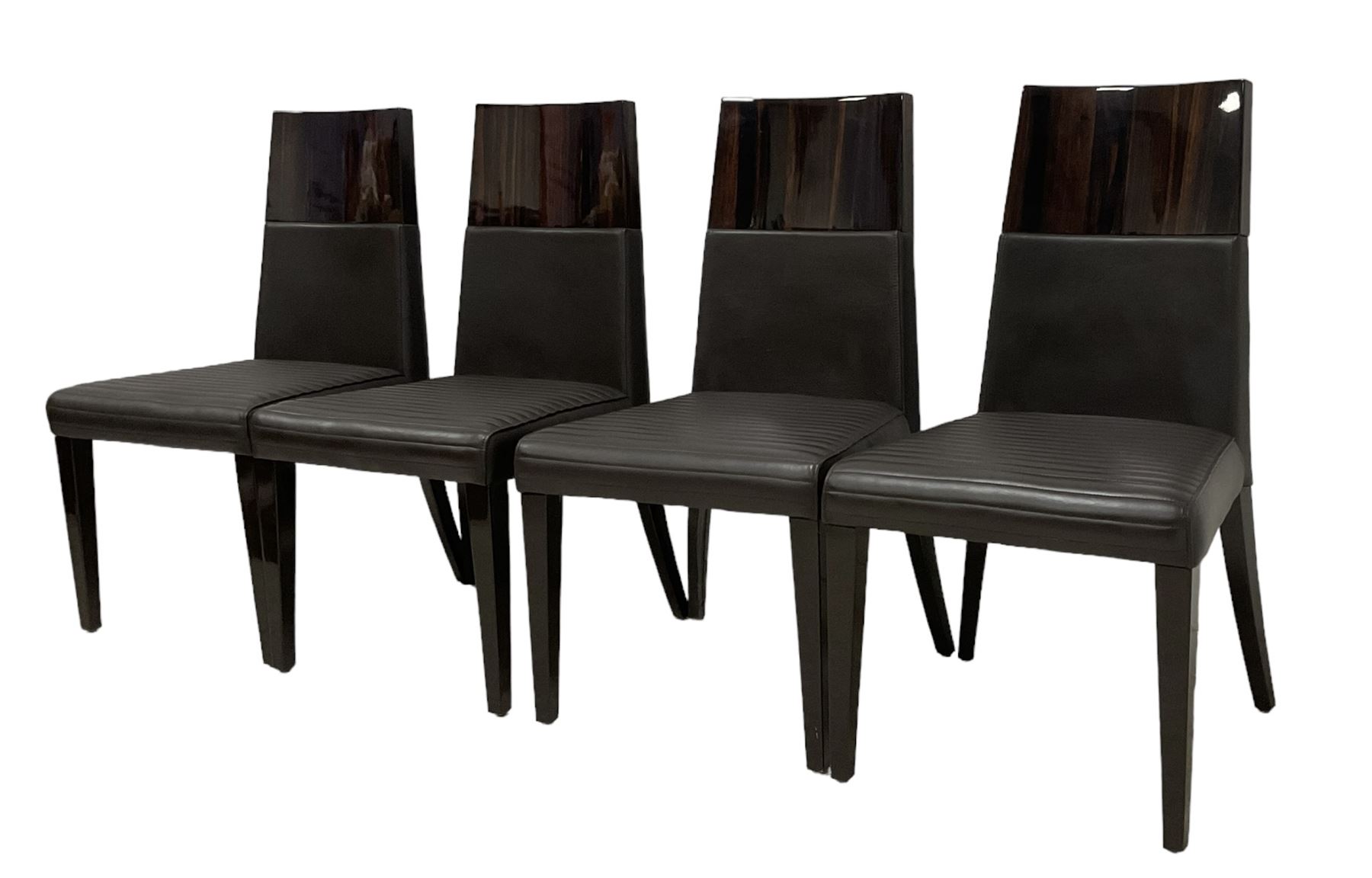 Giorgio Collection - Art Deco design macassar ebony 'Luna' extending dining table, oval top with quarter-matched veneer and stringing, raised on a curved V-shaped pedestal with oval base; with matching set of dining chairs, high macassar ebony back, the lower half and seat upholstered in black leather, on ebonised tapering supports, retailed by Harrods