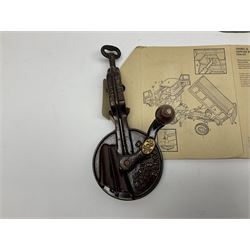 Dinky Kit No.1029 Ford D800 Tipper Truck in unopened original packaging; American Singer child's sewing machine; Spong's table mounting Bean Slicer No.632; and two wall mounting wooden die-cast model open display racks (5)