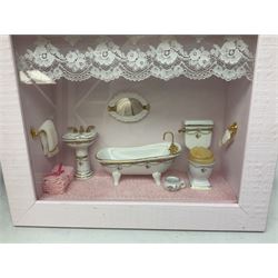 Painted metal ornament chicken, together with two diorama one modeled as a bathroom and a framed oil on canvas signed N Vallance  