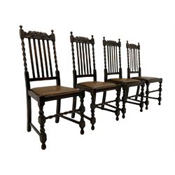 Set of six (4+2) 19th century oak dining chairs, the scroll carved cresting rails over spiral turned supports and drop in upholstered seats, 