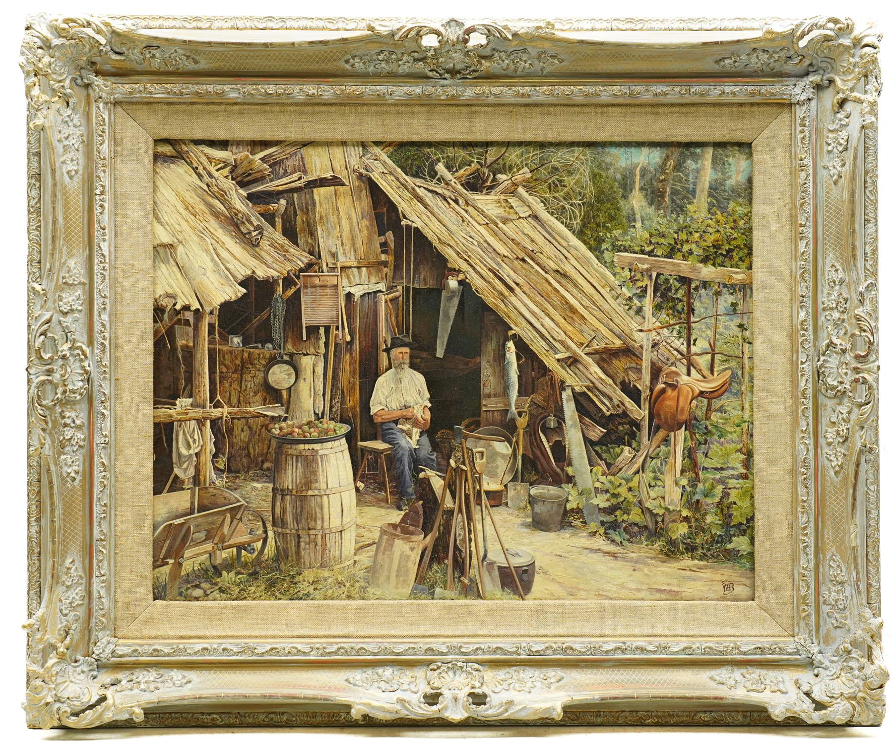 Australian School (Late 19th century): 'A Selector's Hut on Mr Stocks Selection - Croajingolong District - Gippsland Victoria - Australia', oil on canvas signed with monogram WHB, titled and dated 1885 verso 34cm x 44cm