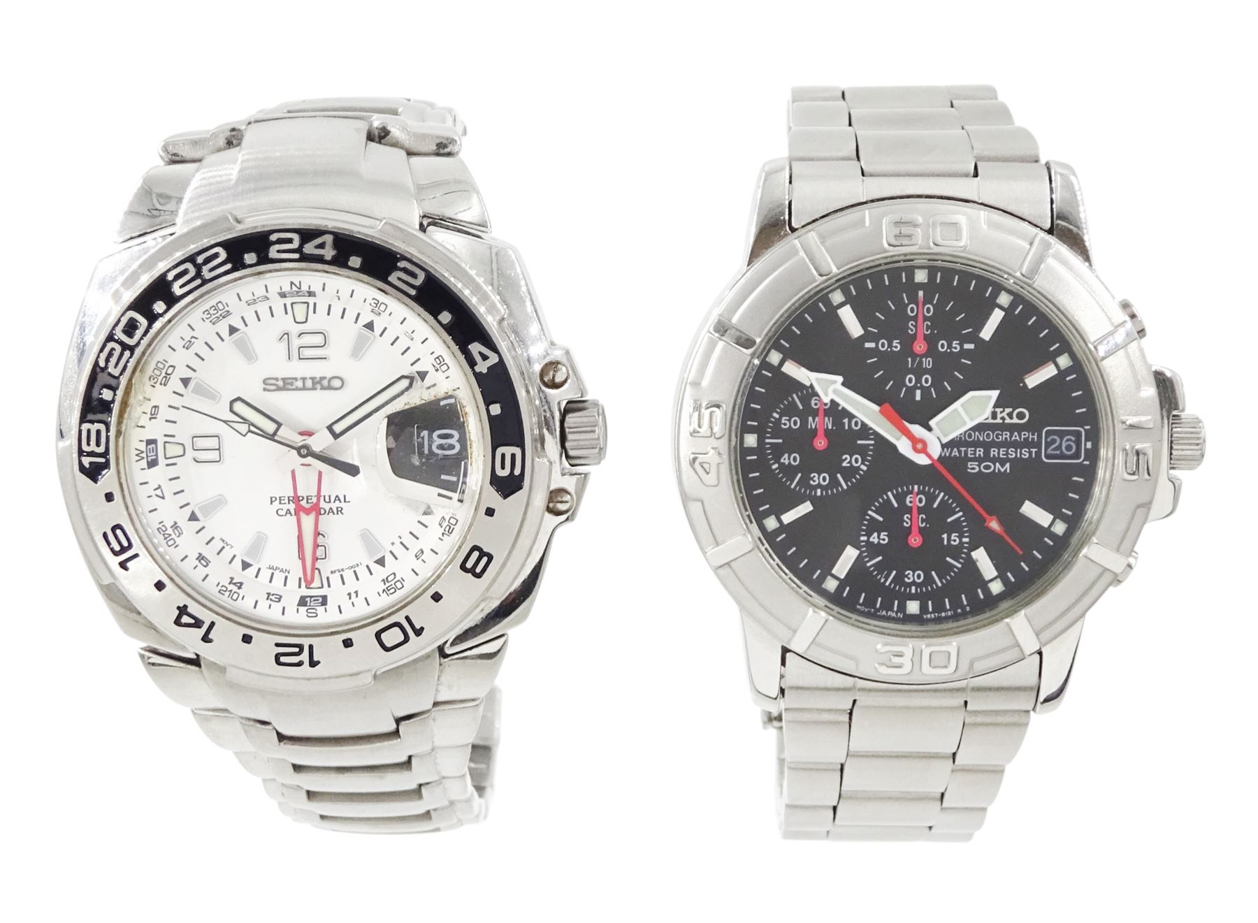 Seiko gentleman's stainless steel quartz chronograph wristwatch, Ref. V657-8069 and one other Seiko Perpetual calendar wristwatch, Ref. 8F56-0030, both boxed