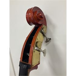 Contemporary 3/4 Double Bass, Body height bottom to shoulder 110cm, With steel tuning pins and ebonised fingerboard, no strings, bridge, tail piece, or endpin Although called a 3/4 size bass, this size is recognised as a regular sized Double Bass 
