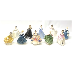  A group of Royal Doulton figurines, comprising Christine HN2792, Good Companion HN3608, Coralie HN2307, Kate HN2789, Michele HN2234, Hilary HN2335, Fragrance HN2334, The Bride HN4324, Amelia HN4327, and Deborah HN4468 (second).     