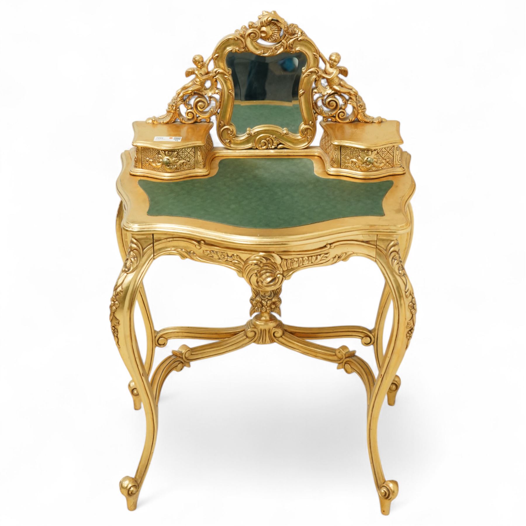 Louis XV style gold painted dressing table, serpentine top with green leather inset and mirrored back with floral garland decoration to frieze and legs, united by curved stretcher with central floral finial 