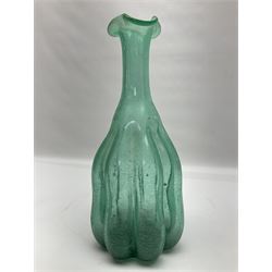 Murano green glass vase in the style of Barovier and Torso, the crackle design styled as a gourd with a fluted rim, H32cm