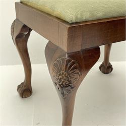 Georgian style mahogany stool, rectangular seat with drop in needlework upholstered seat cushion, on shell carved cabriole supports with ball and claw feet