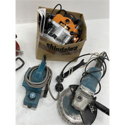 Collection of power tools and other tools - Ryobi EMS1426L mitre saw, Makita Q91001 electric hand planer, Makita HR2470 hammer drill, Makita GA9050 angle grinder, Triton TRA001 router, vice and quick-grip clamps