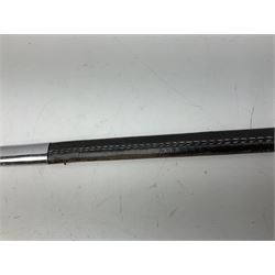 Replica knight's longsword, the 91.5cm double-edged steel blade with basket hilt and wire-bound bone grip with spherical pommel, in leather scabbard L112cm overall