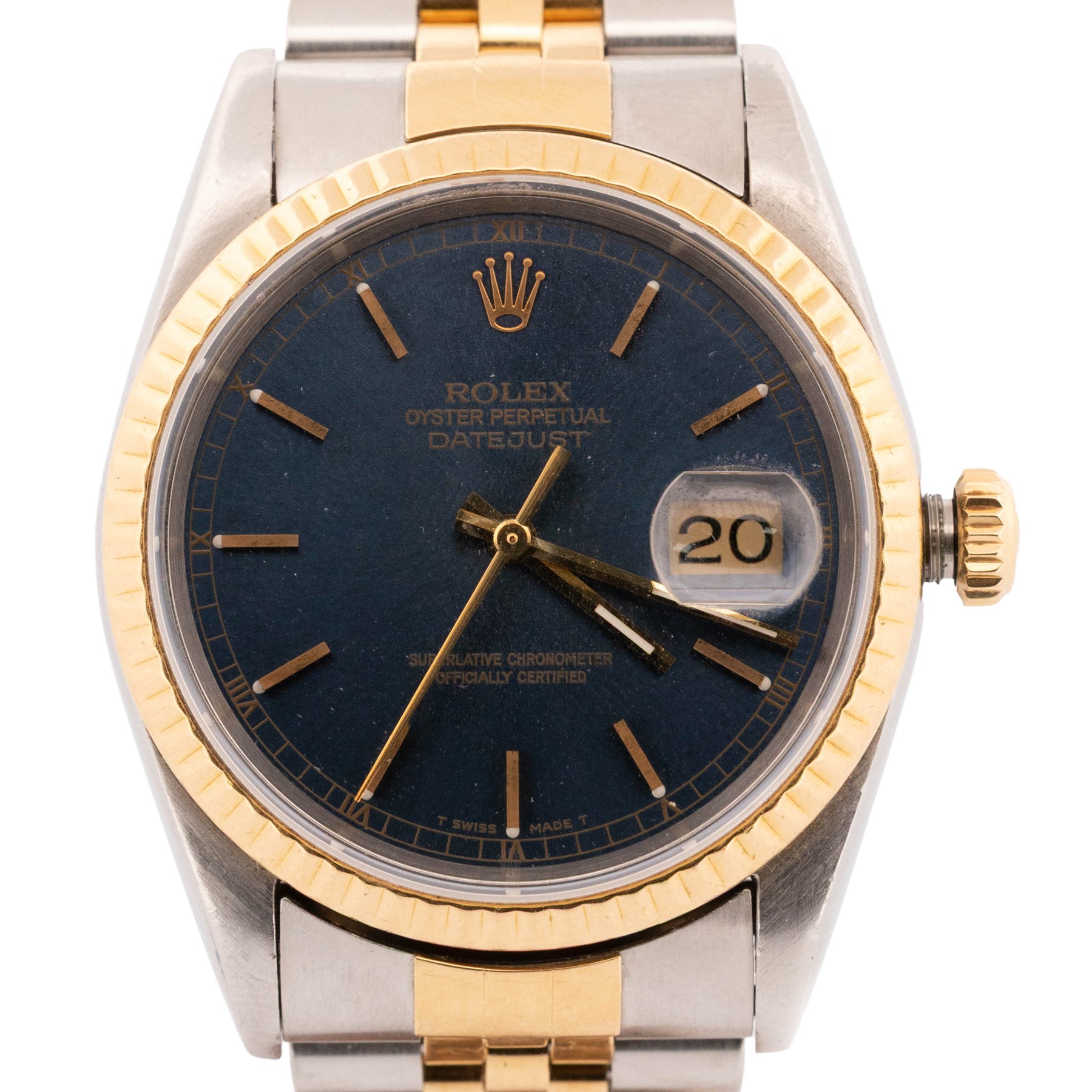 Rolex Oyster Perpetual Datejust gentleman's stainless steel and gold automatic wristwatch, circa 1991, Ref. 16233, serial No. X621666, blue dial with baton hour markers, on Rolex Jubilee stainless steel and gold bracelet, with fold-over clasp, boxed with papers