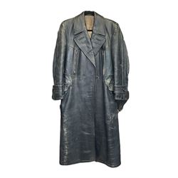 Horse hide trench coat, the three breast pockets with Opti zips, side pockets with flaps, rear vent with buttons, elasticated inner cuffs, part quilted lining, size small/medium; thought to be German Third Reich