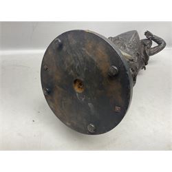 Early 20th century spelter effect figure of a sailor standing in the bow of a boat scanning the horizon, on a simulated rock base with a plaque entitled 'Rescue', base fitted with a timepiece clock movement and two-part dial, with pierced hands, gilt dial centre and ivorene chapter ring written in Arabic numerals, German HAC spring driven going barrel movement wound from the front; with pendulum H65.5cm
