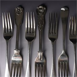Pair of George IV silver fiddle, thread and shell pattern table forks Lonson 1826 and ten other 19th century silver table forks, various dates and makers (12)