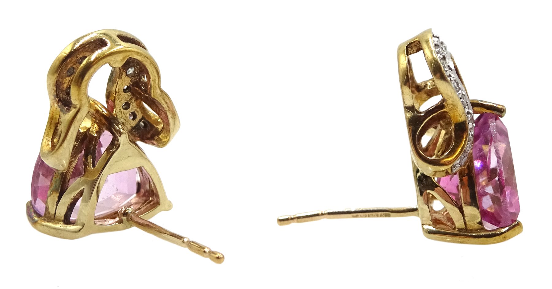 Pair of gold trillion cut flamingo topaz and and diamond stud earrings and a flamingo topaz pendant, all hallmarked 9ct