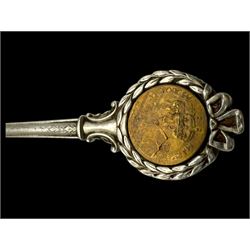 Three silver decanter labels and a collection of silver and silver plated cutlery