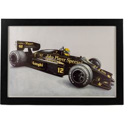 Four Formula 1 racing prints by Nik Curry, all within black frames, largest H38cm, W58cm
