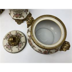 20th century crackleware vase of baluster form mounted on gilt foot, and three other crackleware items, comprising of large bowl and candlestick and covered dish, tallest example 40cm