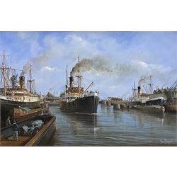 Adrian Thompson (British 1960-): 'Melrose Abbey' and other Steam Vessels at Hull Docks, oil on canvas signed 50cm x 75cm