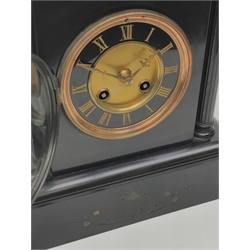  Victorian black slate mantle clock, black and gilt circular Roman dial, flanked by reeded columns below classical bronze frieze, twin train movement striking the hours on a gong, H30.5cm   