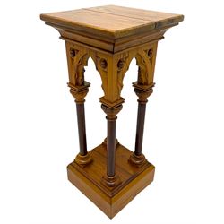 19th century pitch pine ecclesiastical pedestal stand, the square chamfered top over cusped Gothic pointed arches and four turned column supports, stepped and moulded plinth base