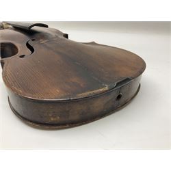 Chinese Parrot violin with 35.5cm two-piece back; L59.5cm in carrying case; and early 20th century German violin for restoration; bears label 'Antonius Stradivarius Faciebat Anno 1730'; cased with bow (2)