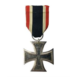 WWI Imperial German Iron Cross 2nd Class, the suspension ring indistinctly stamped M8?; with WWII ribbon