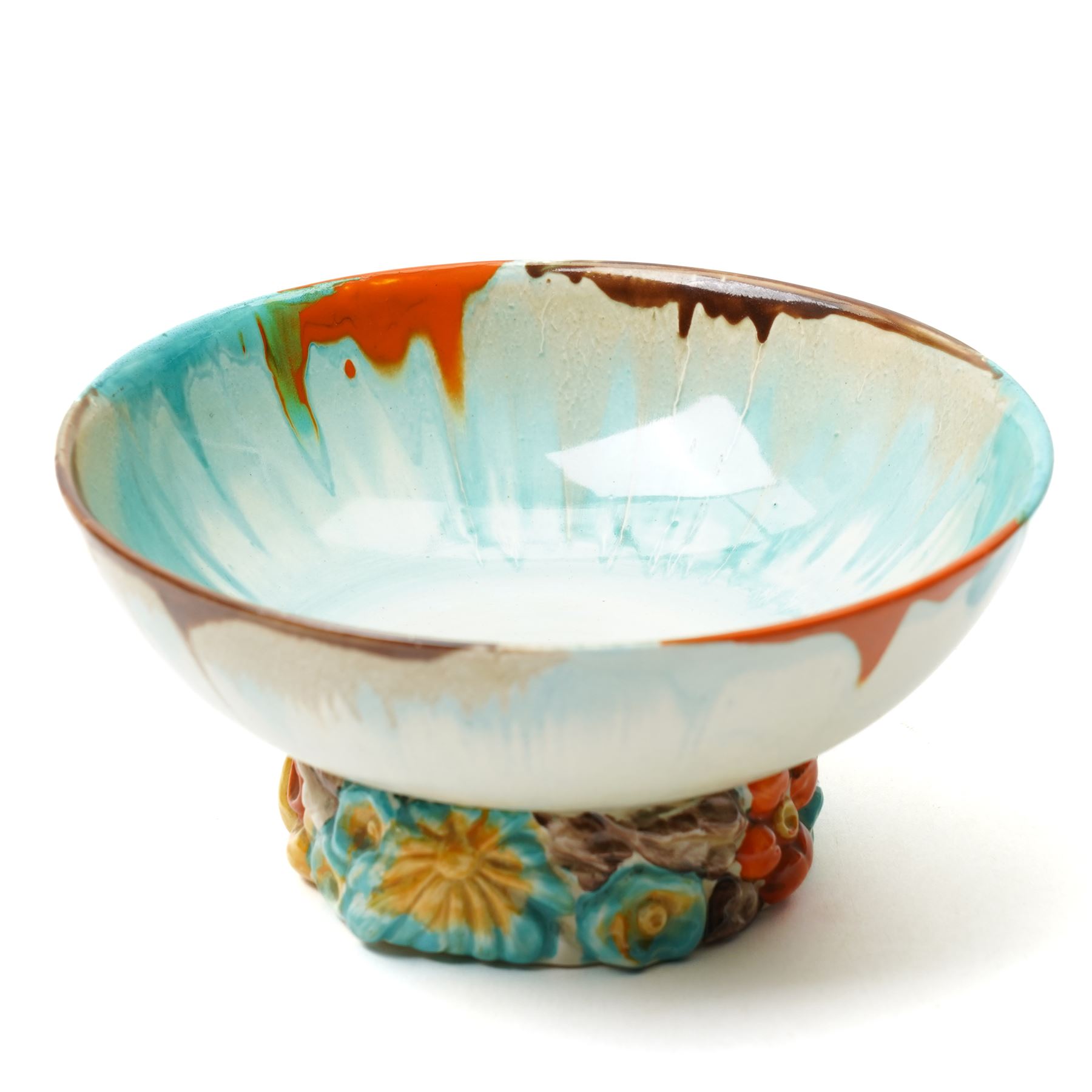 Clarice Cliff drip ware bowl, the pedestal with moulded flowers, bizarre mark to base, H8cm