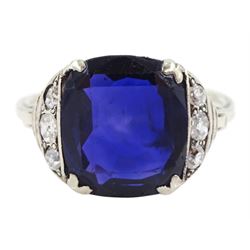 Art Deco silver single stone unheated Ceylon sapphire ring, with three old cut diamonds set either side, sapphire approx 5.70 carat, total diamond weight approx 0.25 carat