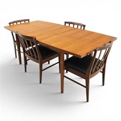 Mid-20th century teak dining table and chairs, with stowable fold over leaf, raised on square tapering legs, the chairs with teak frames and reupholstered green leather seats
