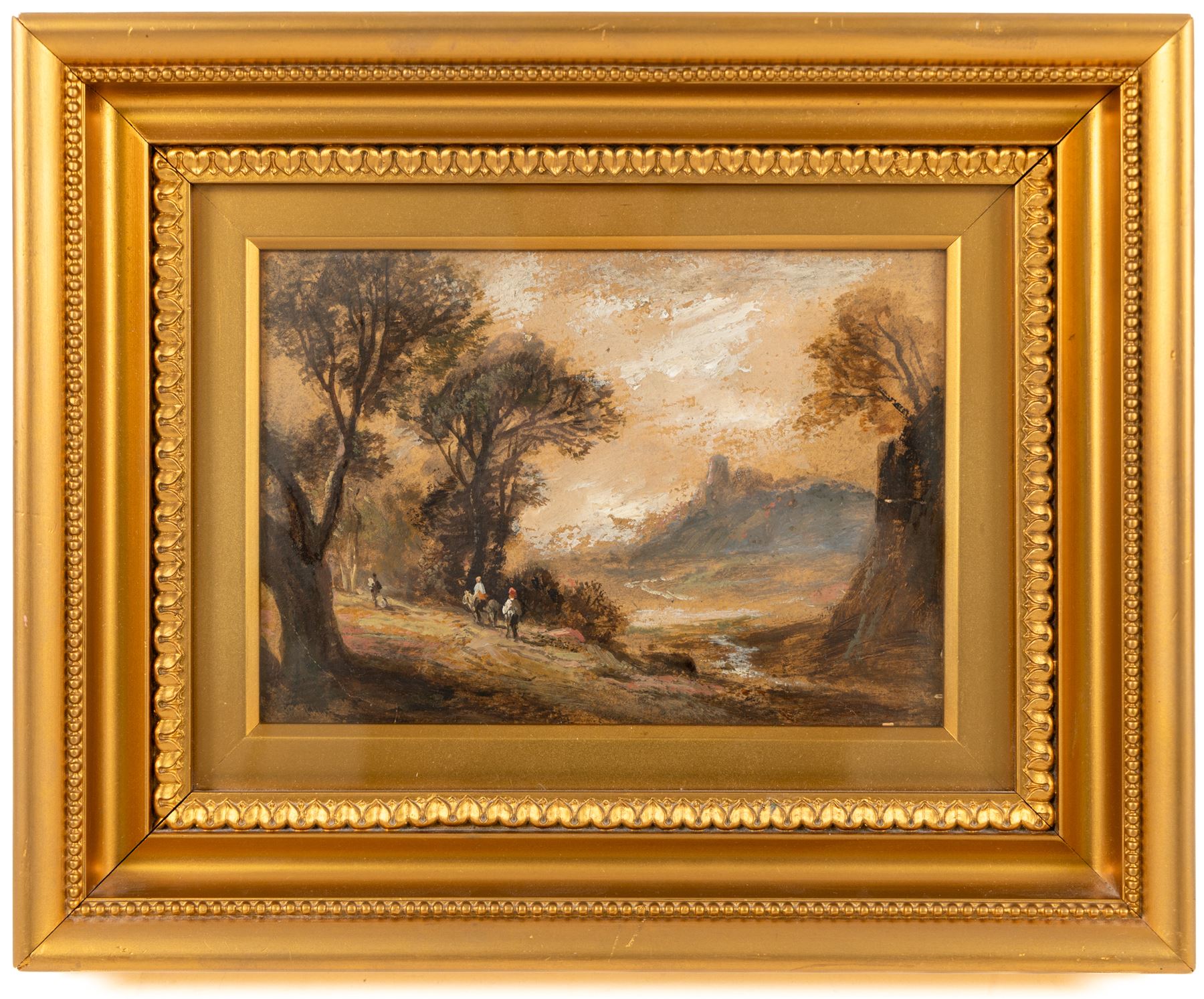 Attrib. James Duffield Harding (British 1798-1863): View of the East Yorkshire Coast, pencil unsigned 18cm x 27.5cm; Continental School (19th/20th century): Girl Underneath Archway, watercolour unsigned 24cm x 16cm and English School (19th/20th century): Horse Riders in a Forest Clearing, oil on board indistinctly signed 14cm x 20cm (3)