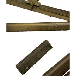 Quantity of early to mid-20th century brass stair edging or bull nosing, approx. 33 lengths at 46cm, two lengths at 99cm, two lengths at 74cm, various other lengths and a fire fender front with finial  