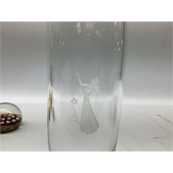 Vicke Lindstrand for Kosta glass vase of flattened ovoid form, the body with deep purple band from rim to rim, signed LH 1242 beneath, together with Orrefors glass vase, engraved with female figure with birds, signed beneath, art glass bowl and paperweight (4) tallest H23.5cm