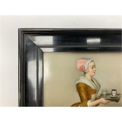 Early 19th century porcelain plaque, 'La Belle Chocolatière' (The Chocolate Girl) after Jean-Étienne Liotard, of rectangular form, depicting a young girl holding a tray with a trembleuse chocolate cup and glass of water, impressed verso K 316, in ebonised frame, plaque H23.5cm W19cm