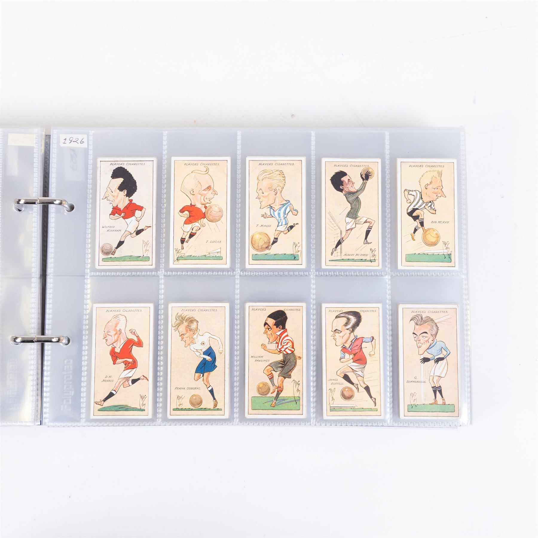 Collection of Edwardian and later Football related trading and cigarette cards, including forty-nine of fifty 1906 Ogden's Football Club Colours, 1922 PALS Footall series, ninety of one hundred 1925 Gallaher Famous Footballers, complete set of forty-four 1926 Ogden's Captains of Association Football Clubs and Colours, complete set of fifty 1927 Players Football Caricatures by MAC,  complete set of fifty 1927 Players Football Caricatures by RIP,  complete set of fifty 1930 Players Association Cup Winners, complete set of 50 1933 Ogdens AFC Nicknames etc, housed in brown cigarette card album