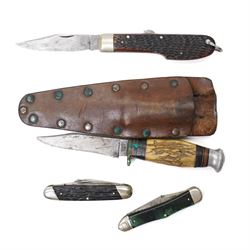 William Rodgers hunting knife with leather sheath, folding pocket knife by Henry Sears and...