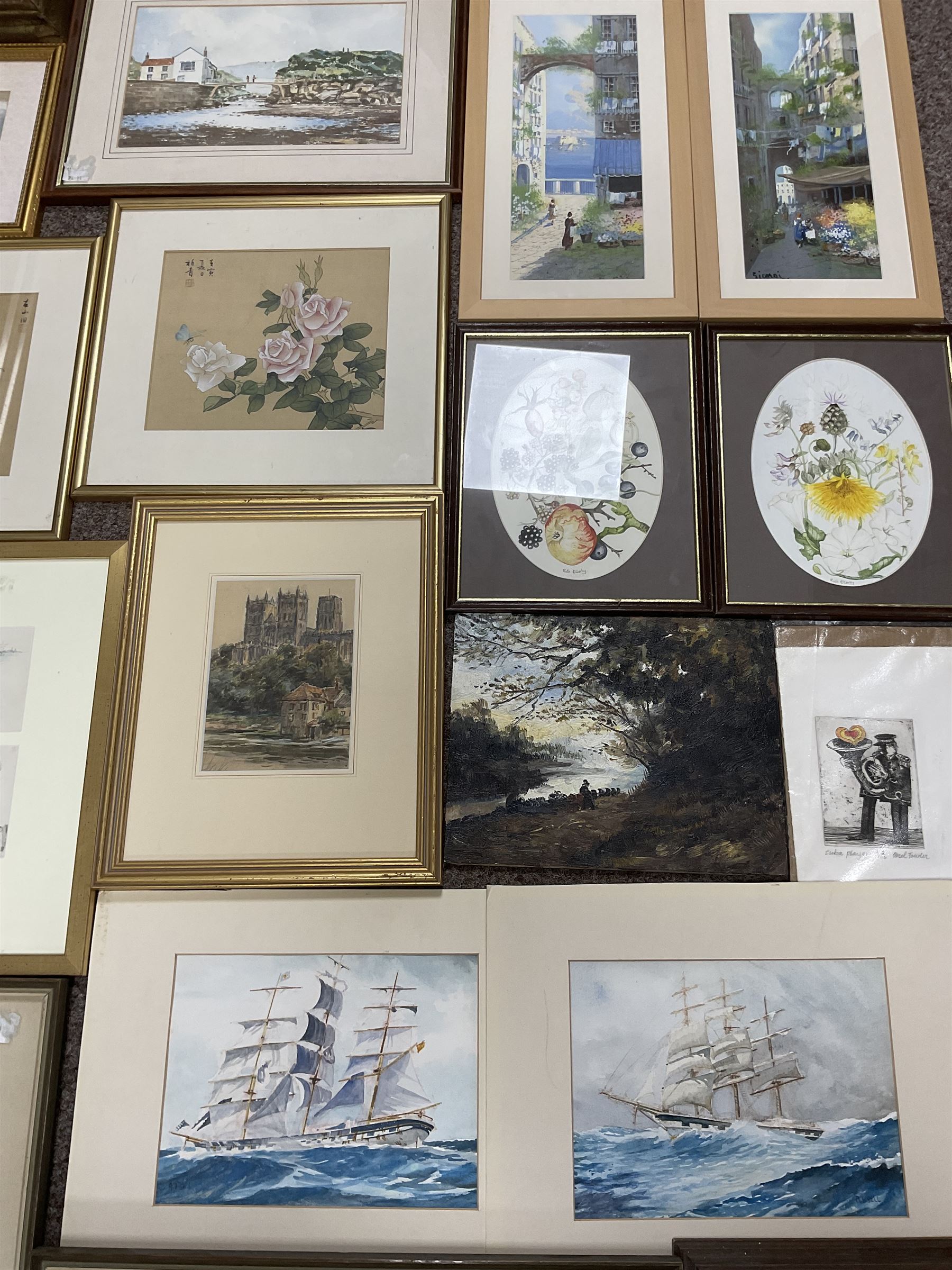 Collection of watercolours and other pictures, artists including FW Ridley (pair), AD Bell (pair unframed), James Orrock, Mel Fowler, Gianni, Michael Major (of Scalby Mills near Scarborough), still life oil in gilt frame, Whistler print, Japanese paintings on silk, etc