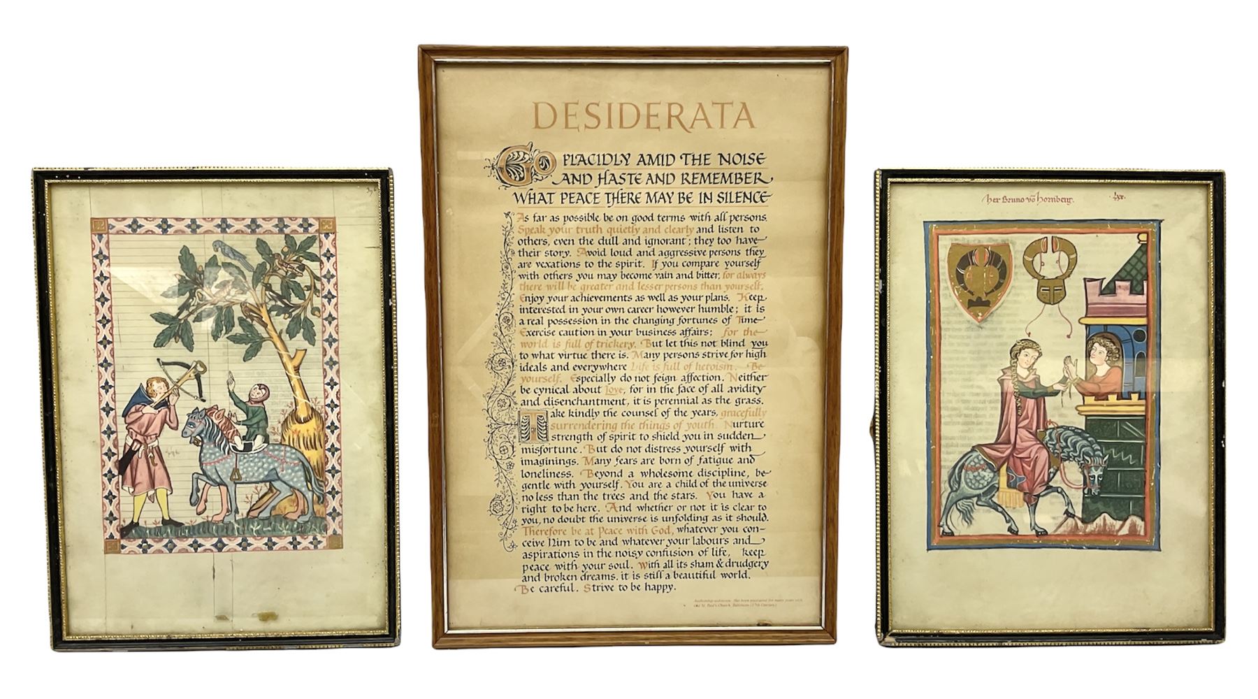 German School (14th century): 'Bruno von Hornberg' and 'Kol von Nüssen', pair prints of illuminated portraits from the 'Codex Manesse' together with print of 17th century Church writing
