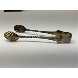 Pair of miniature hallmarked silver cruets, in fitted box, together with a pair of hallmarked silver sugar tongs, approximate total silver weight 38 grams