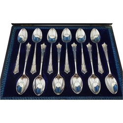 Set of twelve Victorian silver teaspoons by Walker & Hall, Sheffield 1896, cased, approx 9oz and silver mounted dressing table mirror by W I Broadway & Co, Birmingham 1975