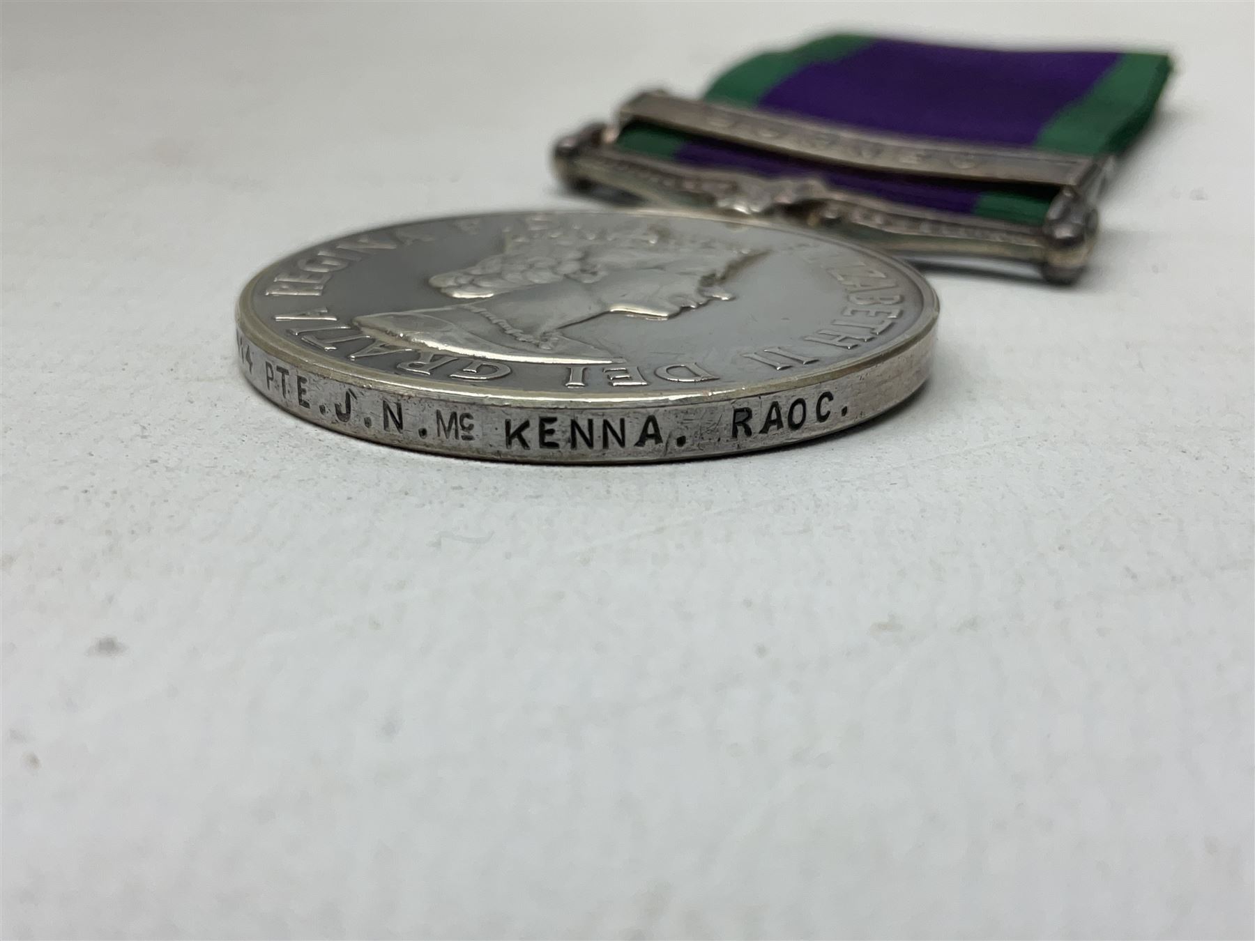 Elizabeth II General Service Medal with Borneo clasp awarded to 23919414 Pte. J.N. McKenna RAOC; with ribbon
