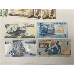 Irish and Scottish banknotes to include Bank of Ireland 5 January 1939 ‘B15’ one pound, two Bank of Scotland 1964 ‘AD07’ and ‘AF05’ one pound notes, one 1966 ‘CQ77’ one pound, and further notes from Clydesdale Bank, National Commercial Bank of Scotland Ltd. etc, housed in plastic sleeves