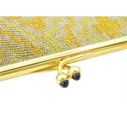 French tri-coloured gold mesh purse, with 18ct gold bar clasp and 18ct gold oval link chain, with cabochon sapphire set clasp, eagle hallmark