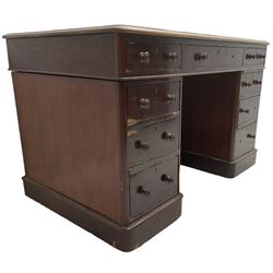 Victorian mahogany twin pedestal desk, moulded rectangular top with inset leather writing surface, fitted with nine drawers, on plinth base 