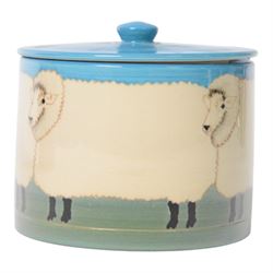 Dennis Chinaworks jar and cover, the body decorated with sheep, with a blue lid, impressed and painted marks beneath, H10cm